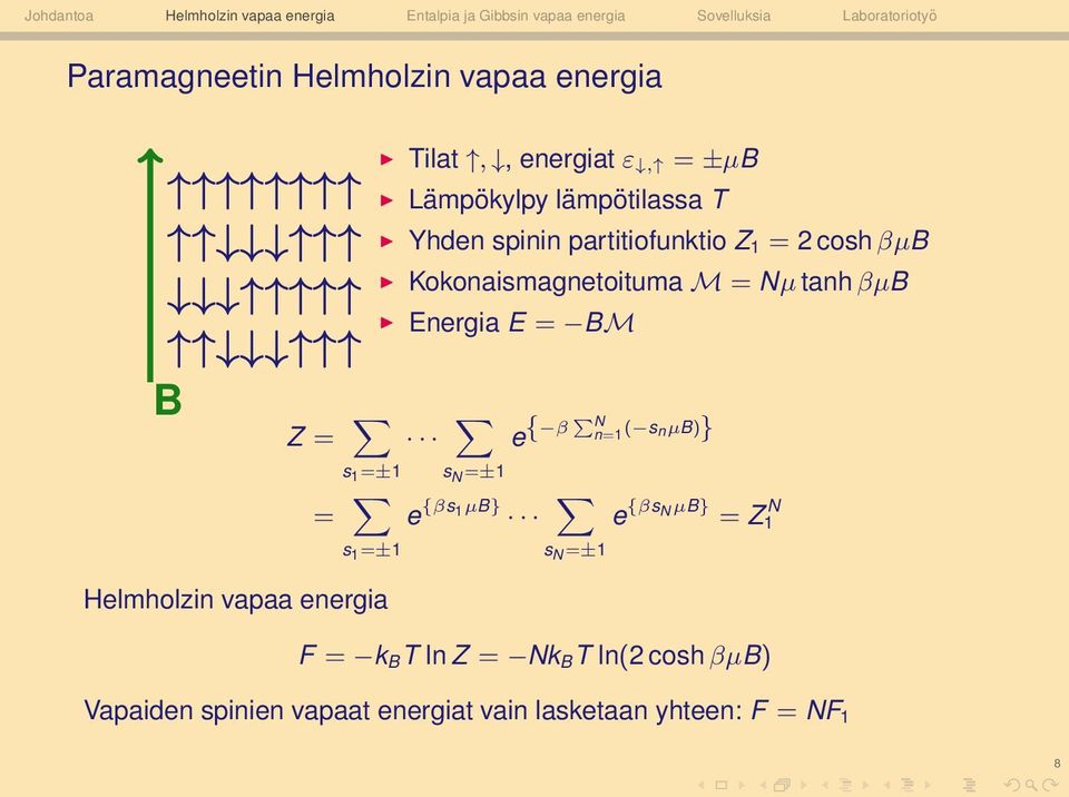 Kokonaismagnetoituma M = Nµ tanh βµb Energia E = BM s N =±1 e {βs 1µB} e { β N n=1 ( s nµb)} s N =±1