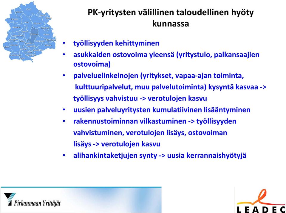 kasvaa > työllisyys vahvistuu > verotulojen kasvu uusien palveluyritysten kumulatiivinen lisääntyminen rakennustoiminnan