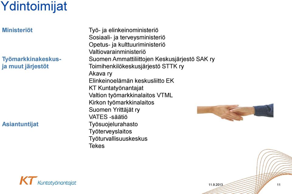 Toimihenkilökeskusjärjestö STTK ry Akava ry Elinkeinoelämän keskusliitto EK KT Kuntatyönantajat Valtion työmarkkinalaitos VTML