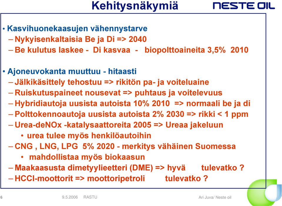 be ja di Polttokennoautoja uusista autoista 2% 2030 => rikki < 1 ppm Urea-deNOx -katalysaattoreita 2005 => Ureaa jakeluun urea tulee myös henkilöautoihin CNG, LNG,