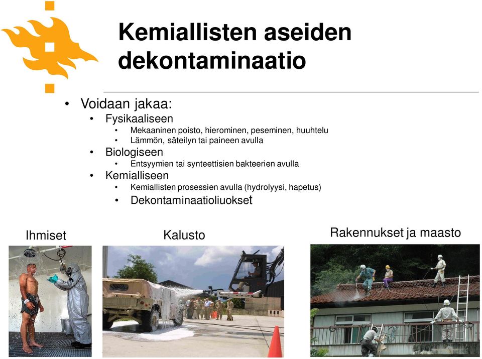 Kemialliseen Kemiallisten prosessien avulla (hydrolyysi, hapetus) Dekontaminaatioliuokset Ihmiset Kalusto
