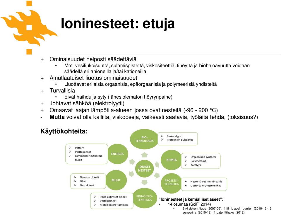 erilaisia orgaanisia, epäorgaanisia ja polymeerisiä yhdisteitä + Turvallisia Eivät haihdu ja syty (lähes olematon höyrynpaine) + Johtavat sähköä (elektrolyytti) + Omaavat laajan