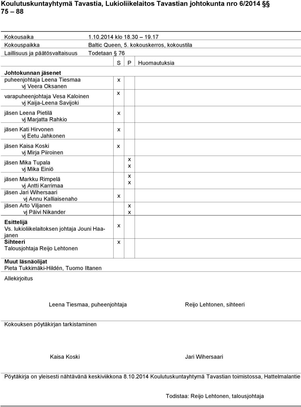 Leena Pietilä vj Marjatta Rahkio jäsen Kati Hirvonen vj Eetu Jahkonen jäsen Kaisa Koski vj Mirja Piiroinen jäsen Mika Tupala vj Mika Einiö jäsen Markku Rimpelä vj Antti Karrimaa jäsen Jari Wihersaari