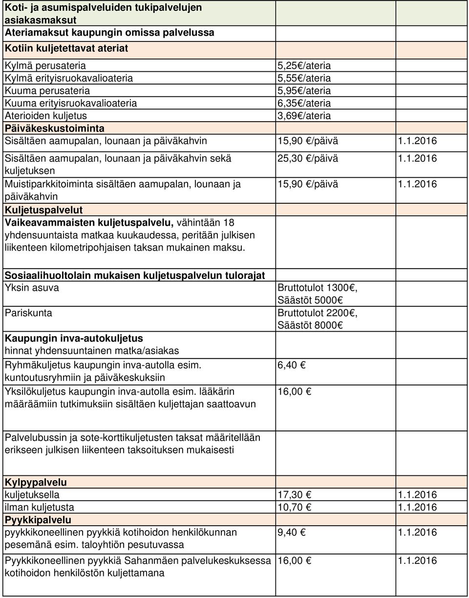 aamupalan, lounaan ja päiväkahvin Kuljetuspalvelut Vaikeavammaisten kuljetuspalvelu, vähintään 18 yhdensuuntaista matkaa kuukaudessa, peritään julkisen liikenteen kilometripohjaisen taksan mukainen