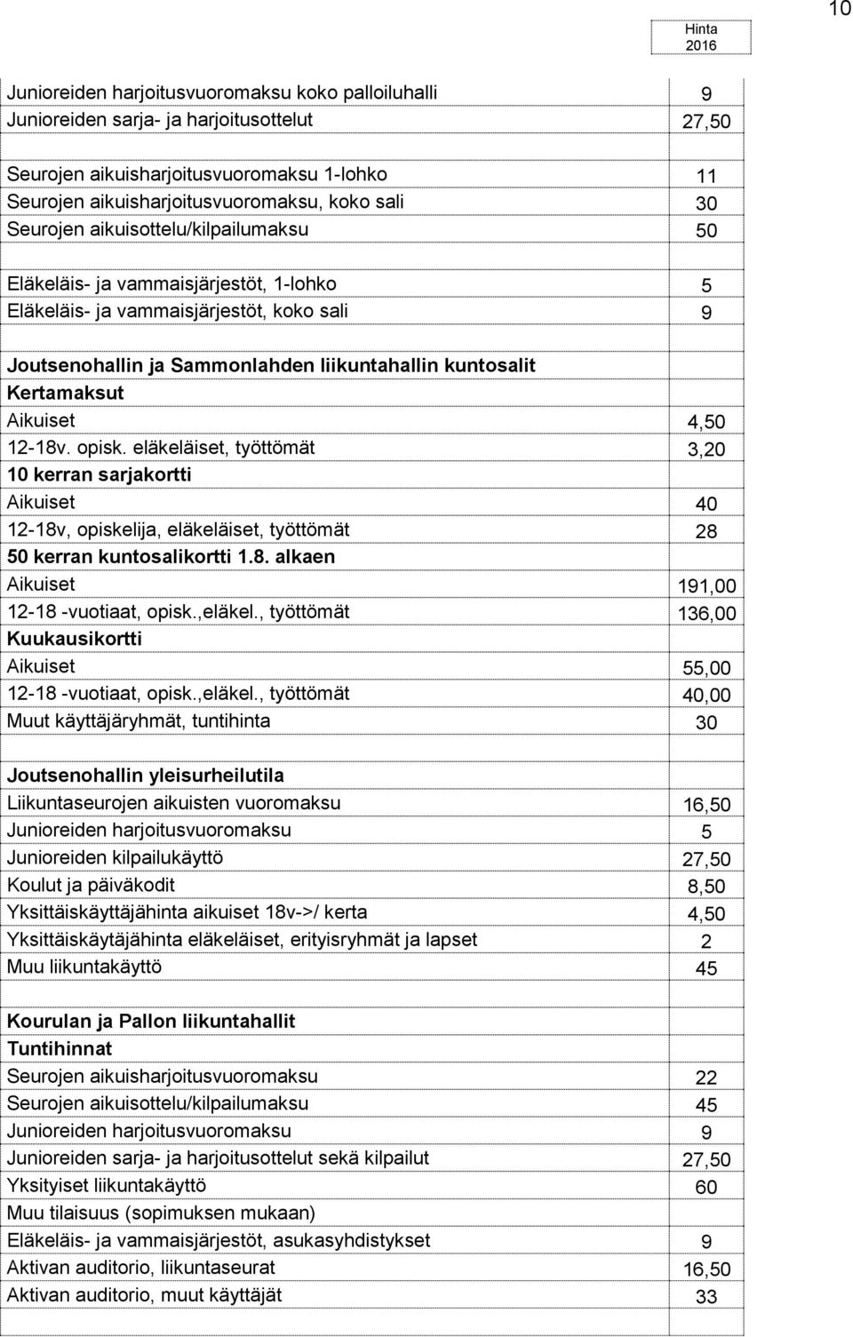 Aikuiset 4,50 12-18v. opisk. eläkeläiset, työttömät 3,20 10 kerran sarjakortti Aikuiset 40 12-18v, opiskelija, eläkeläiset, työttömät 28 50 kerran kuntosalikortti 1.8. alkaen Aikuiset 191,00 12-18 -vuotiaat, opisk.