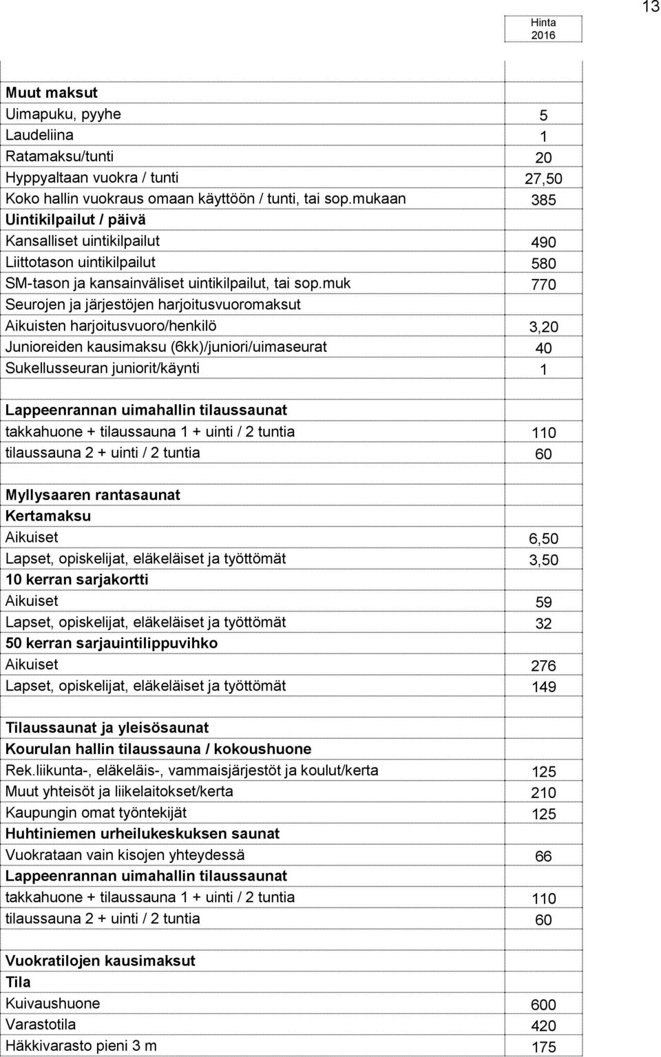 muk 770 Seurojen ja järjestöjen harjoitusvuoromaksut Aikuisten harjoitusvuoro/henkilö 3,20 Junioreiden kausimaksu (6kk)/juniori/uimaseurat 40 Sukellusseuran juniorit/käynti 1 Lappeenrannan uimahallin