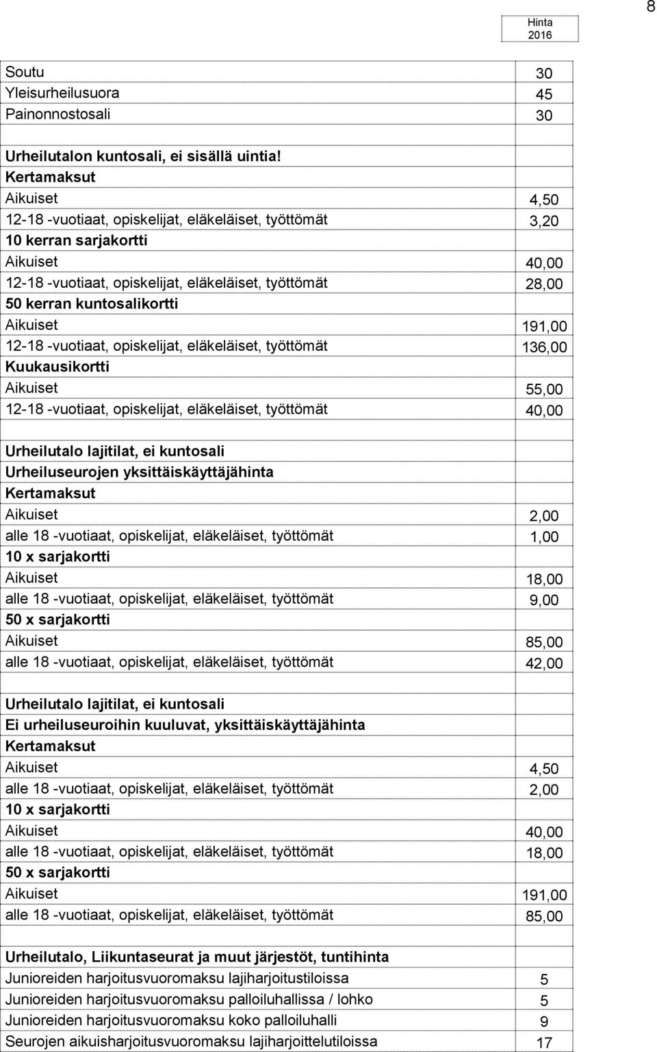 kuntosalikortti Aikuiset 191,00 12-18 -vuotiaat, opiskelijat, eläkeläiset, työttömät 136,00 Kuukausikortti Aikuiset 55,00 12-18 -vuotiaat, opiskelijat, eläkeläiset, työttömät 40,00 Urheilutalo