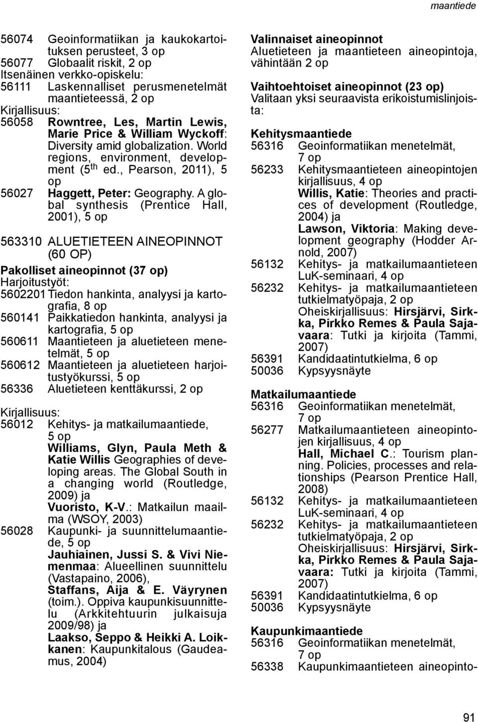 A global synthesis (Prentice Hall, 2001), 563310 Aluetieteen aineopinnot (60 op) Pakolliset aineopinnot (3) Harjoitustyöt: 5602201 Tiedon hankinta, analyysi ja kartografia, 8 op 560141 Paikkatiedon