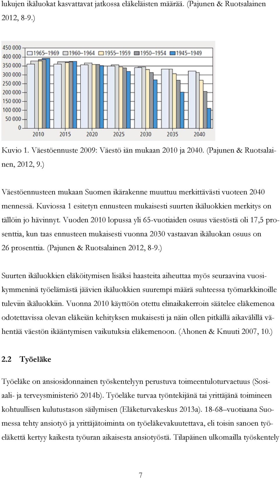 Vuoden 2010 lopussa yli 65-vuotiaiden osuus väestöstä oli 17,5 prosenttia, kun taas ennusteen mukaisesti vuonna 2030 vastaavan ikäluokan osuus on 26 prosenttia. (Pajunen & Ruotsalainen 2012, 8-9.