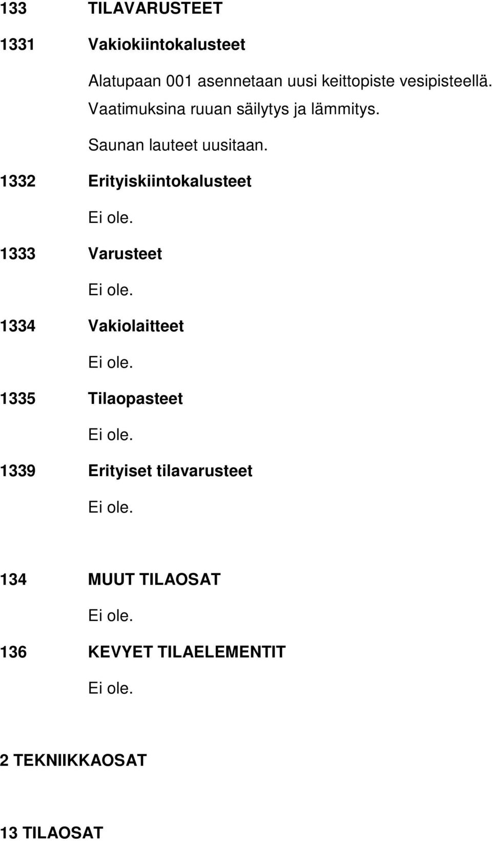 1332 Erityiskiintokalusteet 1333 Varusteet 1334 Vakiolaitteet 1335 Tilaopasteet 1339