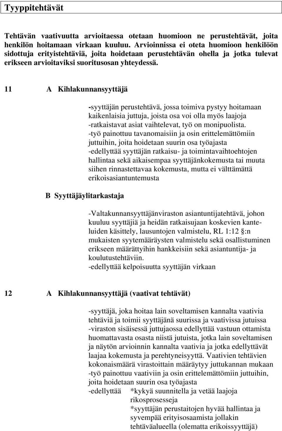 11 A Kihlakunnansyyttäjä B Syyttäjäylitarkastaja -syyttäjän perustehtävä, jossa toimiva pystyy hoitamaan kaikenlaisia juttuja, joista osa voi olla myös laajoja -ratkaistavat asiat vaihtelevat, työ on