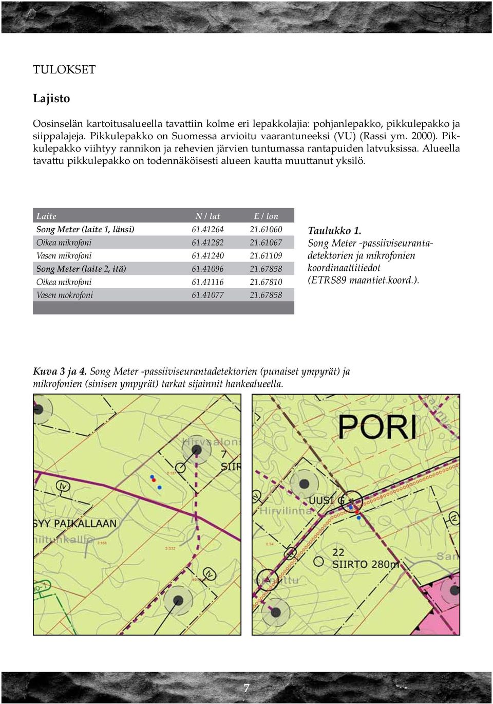Laite N / lat E / lon Song Meter (laite 1, länsi) 61.41264 21.61060 Oikea mikrofoni 61.41282 21.61067 Vasen mikrofoni 61.41240 21.61109 Song Meter (laite 2, itä) 61.41096 21.67858 Oikea mikrofoni 61.