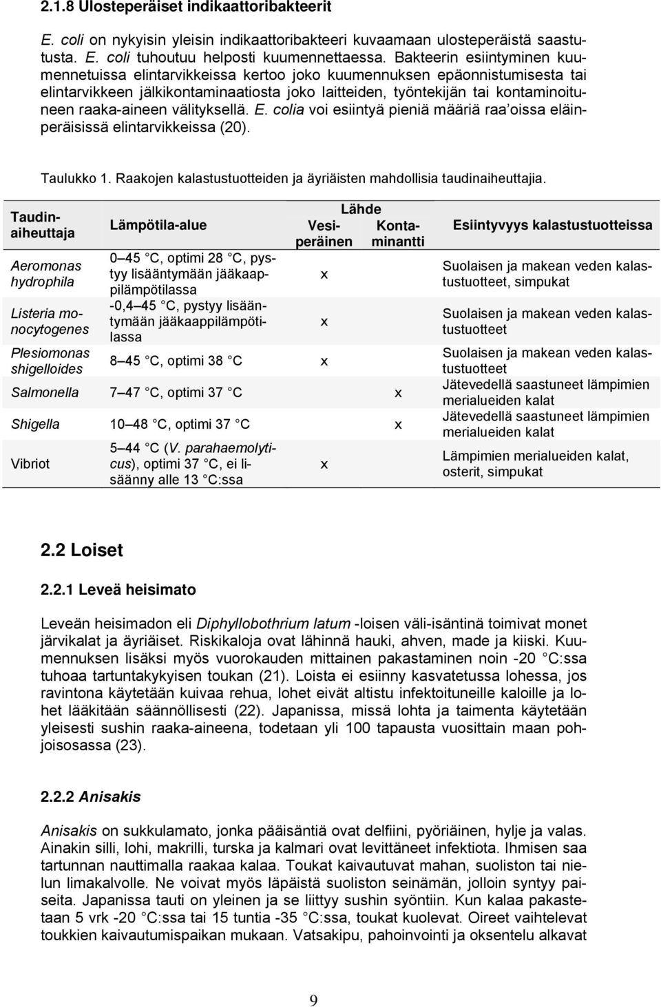 raaka-aineen välityksellä. E. colia voi esiintyä pieniä määriä raa oissa eläinperäisissä elintarvikkeissa (20). Taulukko 1. Raakojen kalastustuotteiden ja äyriäisten mahdollisia taudinaiheuttajia.