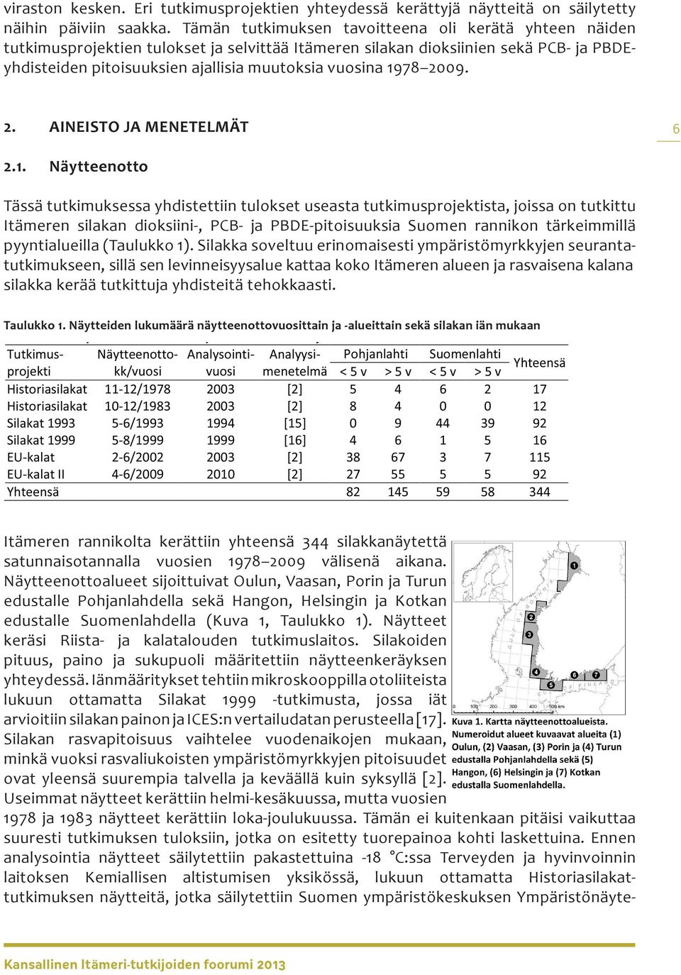 1978 2009. 2. AINEISTO JA MENETELMÄT 6 2.1. Näytteenotto Tässä tutkimuksessa yhdistettiin tulokset useasta tutkimusprojektista, joissa on tutkittu Itämeren silakan dioksiini-, PCB- ja