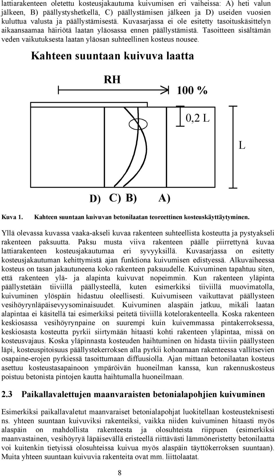 Kahteen suuntaan kuivuva laatta RH 100 % 0,2 L L D) E) C) B) A) Kuva 1. Kahteen suuntaan kuivuvan betonilaatan teoreettinen kosteuskäyttäytyminen.