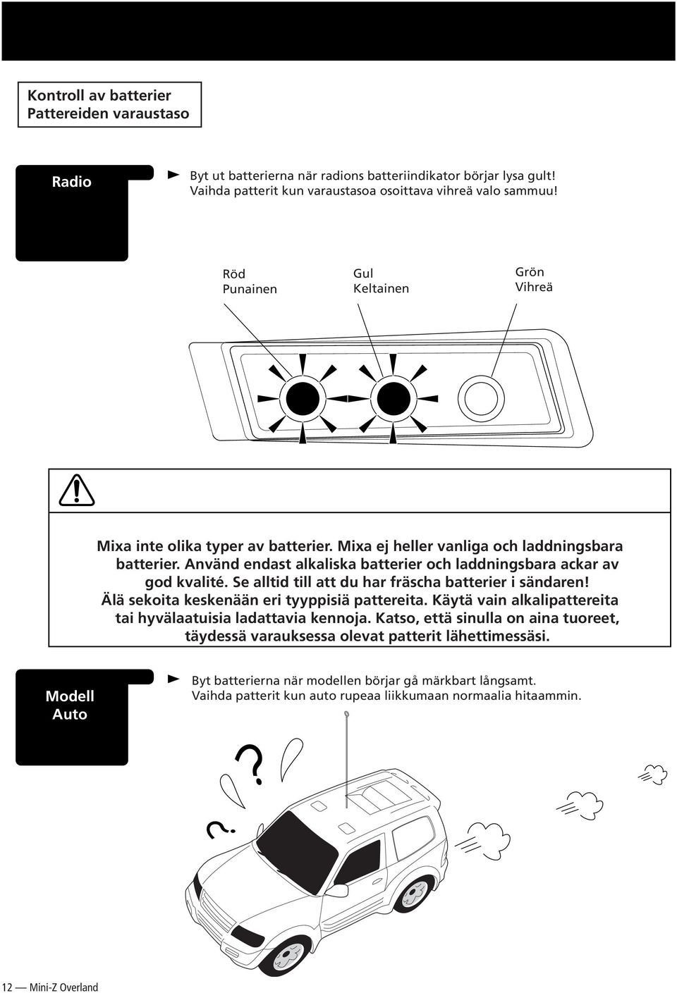 Använd endast alkaliska batterier och laddningsbara ackar av god kvalité. Se alltid till att du har fräscha batterier i sändaren! Älä sekoita keskenään eri tyyppisiä pattereita.
