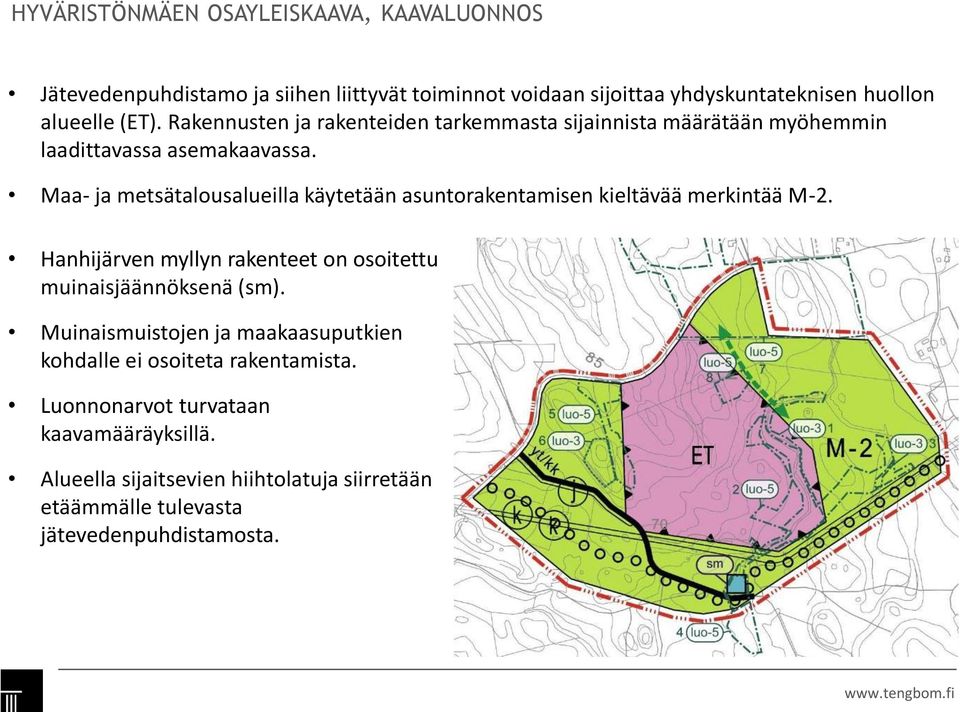 Maa- ja metsätalousalueilla käytetään asuntorakentamisen kieltävää merkintää M-2. Hanhijärven myllyn rakenteet on osoitettu muinaisjäännöksenä (sm).