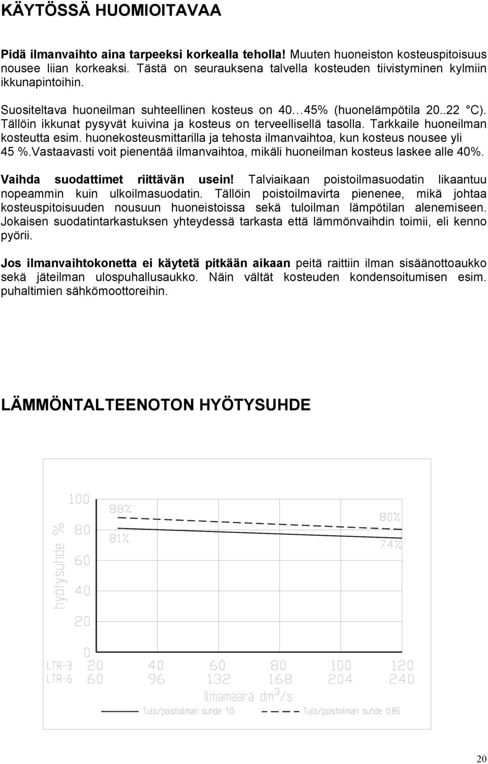 Tällöin ikkunat pysyvät kuivina ja kosteus on terveellisellä tasolla. Tarkkaile huoneilman kosteutta esim. huonekosteusmittarilla ja tehosta ilmanvaihtoa, kun kosteus nousee yli 45 %.