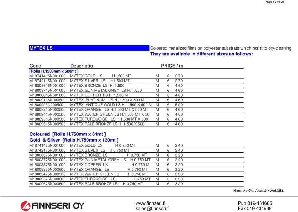 1,500 M 4,60 M18808715N001000 MYTEX GUN METAL GREY LS H. 1,500 M 4,60 M18808815N001000 MYTEX COPPER LS H. 1,500 MT M 4,60 M18809115N000500 MYTEX PLATINUM LS H.
