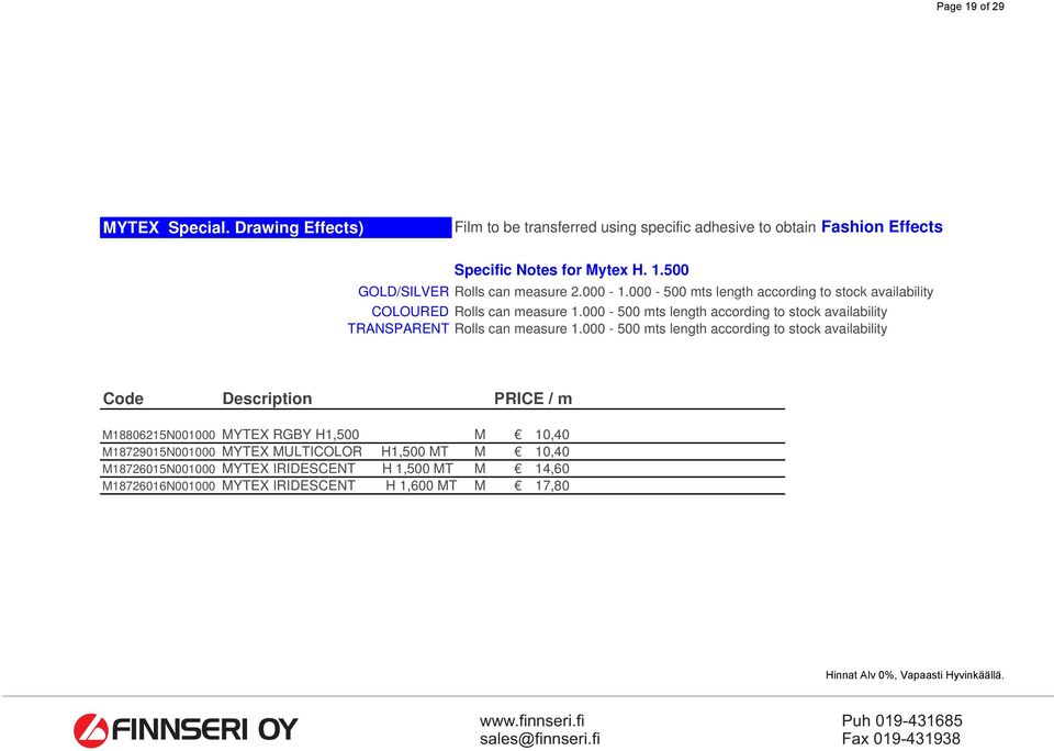 000-500 mts length according to stock availability TRANSPARENT Rolls can measure 1.