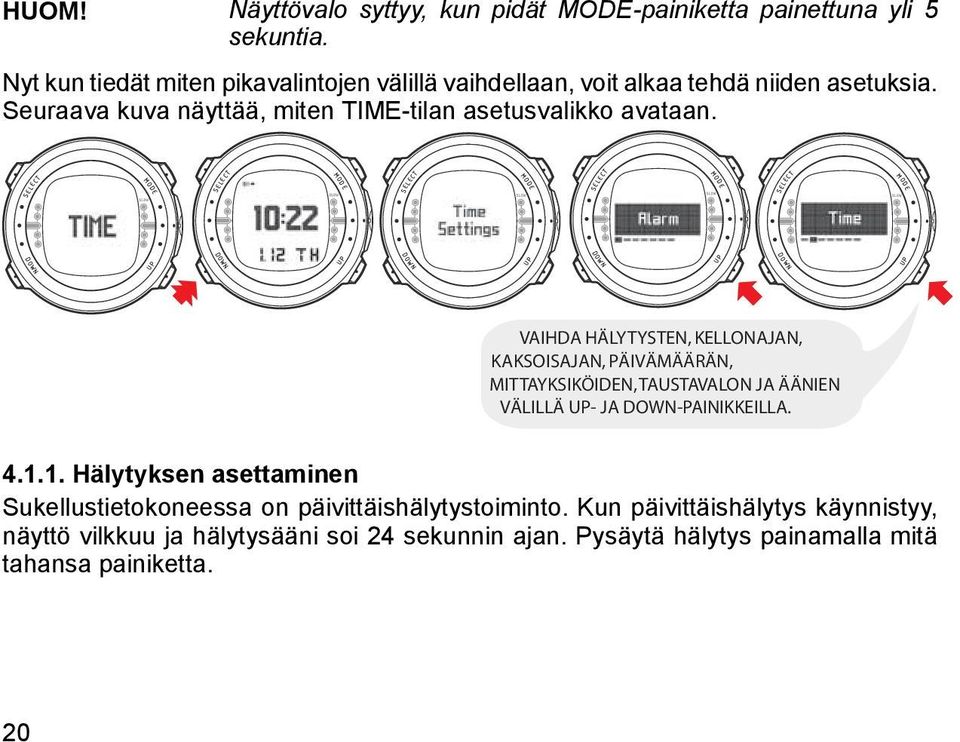 Seuraava kuva näyttää, miten TIME-tilan asetusvalikko avataan.