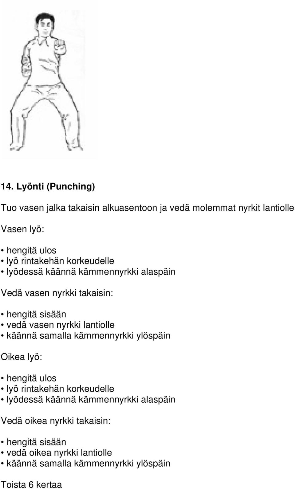 nyrkki lantiolle käännä samalla kämmennyrkki ylöspäin Oikea lyö: lyö rintakehän korkeudelle lyödessä käännä