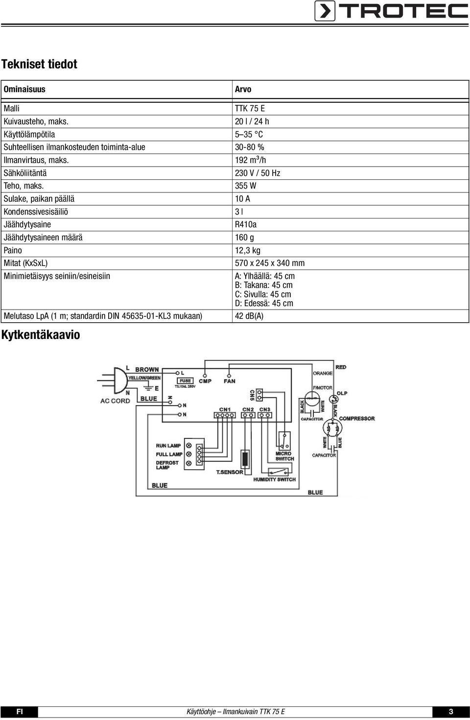 192 m³/h Sähköliitäntä 230 V / 50 Hz Teho, maks.