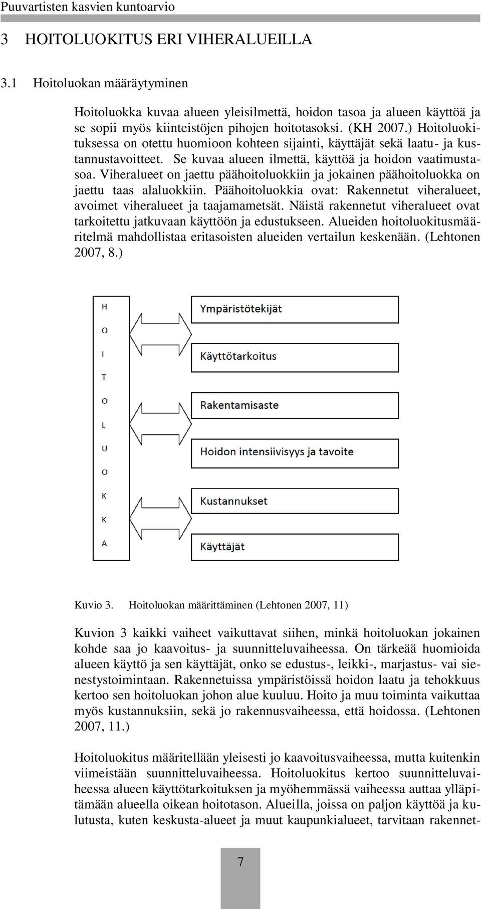 Viheralueet on jaettu päähoitoluokkiin ja jokainen päähoitoluokka on jaettu taas alaluokkiin. Päähoitoluokkia ovat: Rakennetut viheralueet, avoimet viheralueet ja taajamametsät.