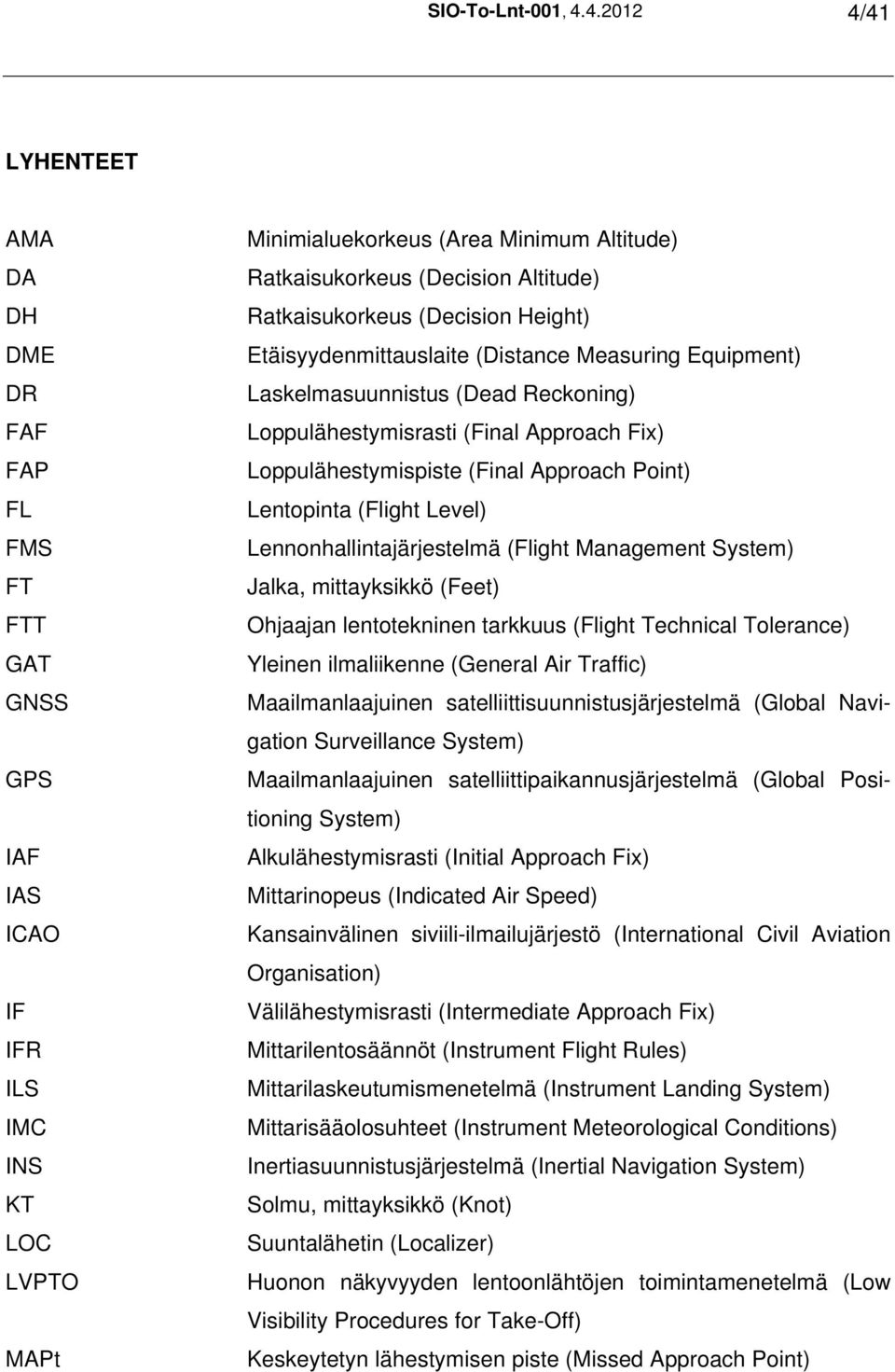 Altitude) Ratkaisukorkeus (Decision Height) Etäisyydenmittauslaite (Distance Measuring Equipment) Laskelmasuunnistus (Dead Reckoning) Loppulähestymisrasti (Final Approach Fix) Loppulähestymispiste