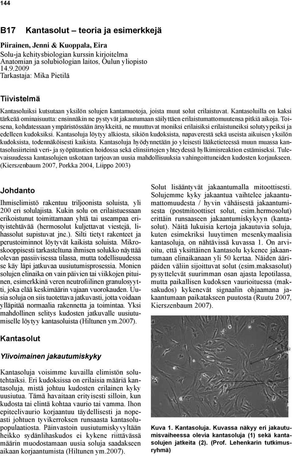 Kantasoluilla on kaksi tärkeää ominaisuutta: ensinnäkin ne pystyvät jakautumaan säilyttäen erilaistumattomuutensa pitkiä aikoja.