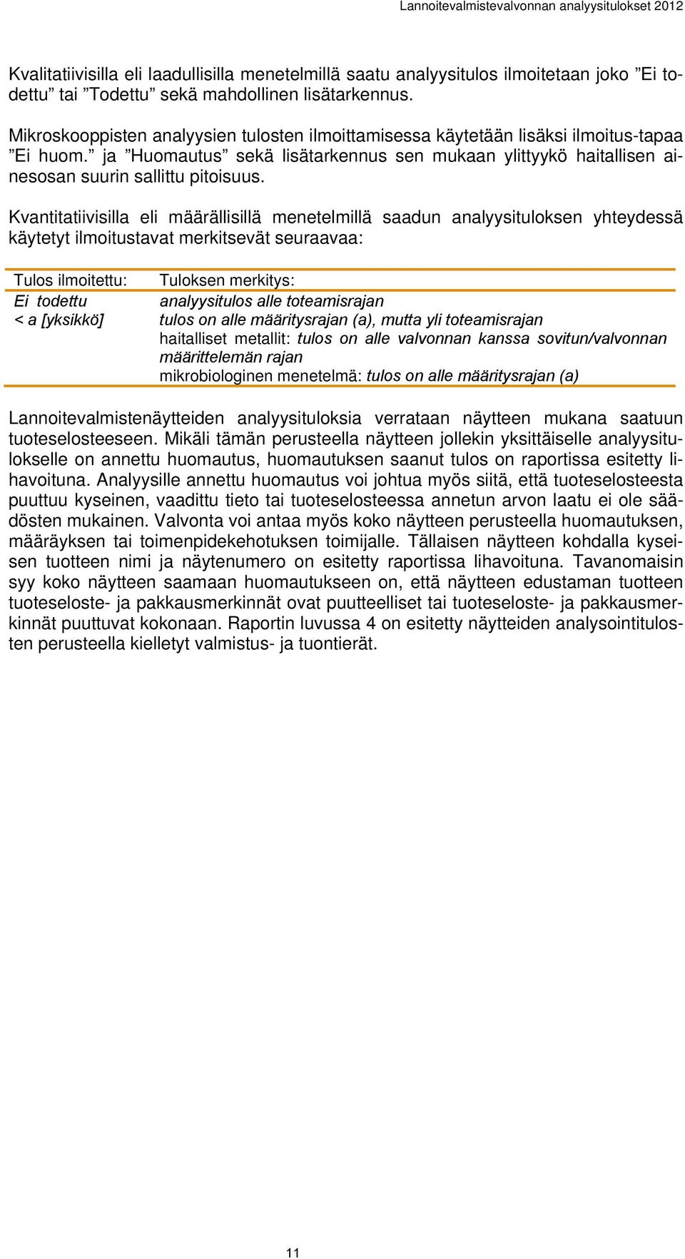 Kvantitatiivisilla eli määrällisillä menetelmillä saadun analyysituloksen yhteydessä käytetyt ilmoitustavat merkitsevät seuraavaa: Tulos ilmoitettu: Tuloksen merkitys: Ei todettu analyysitulos alle