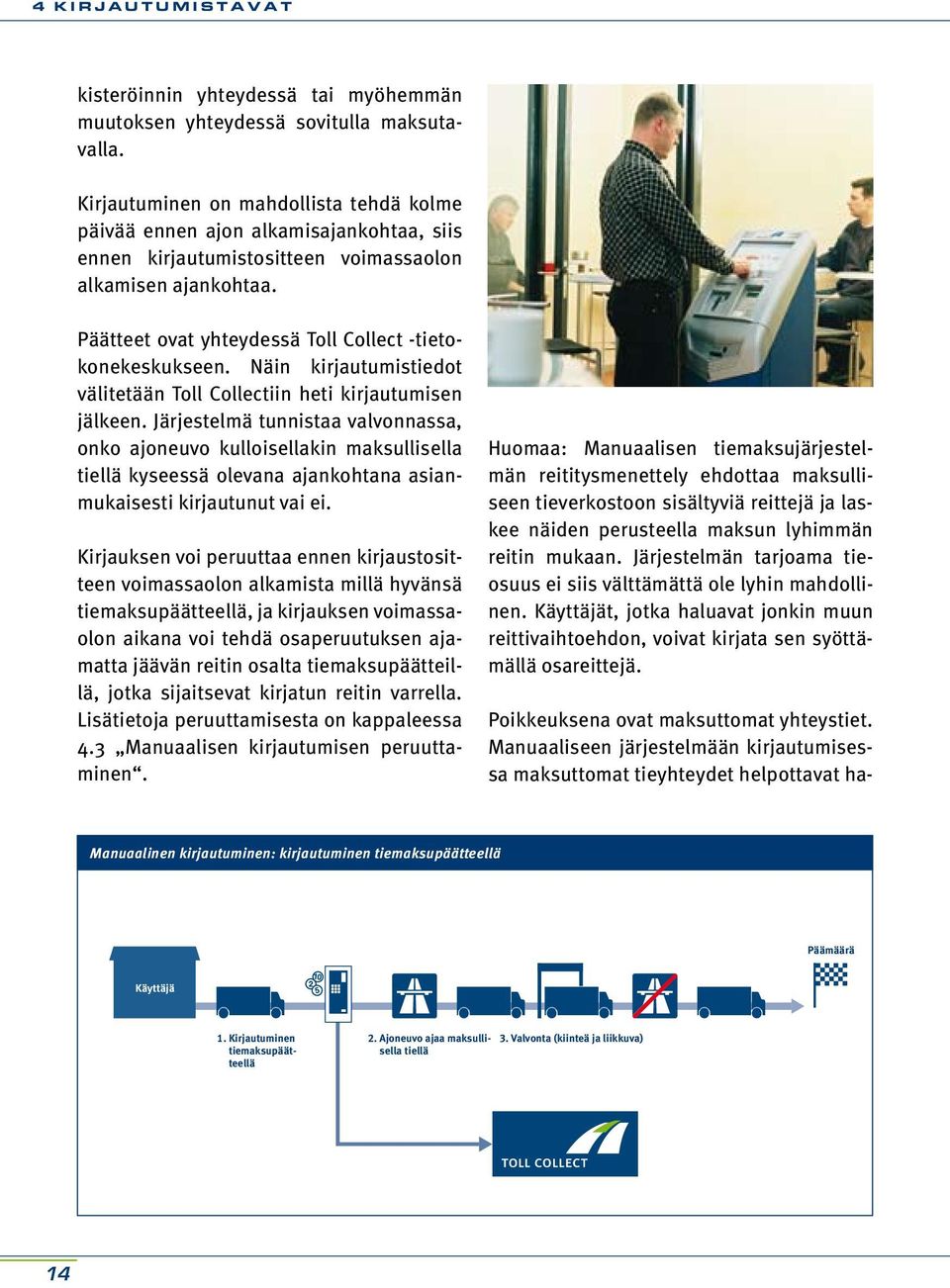 Päätteet ovat yhteydessä Toll Collect -tietokonekeskukseen. Näin kirjautumistiedot välitetään Toll Collectiin heti kirjautumisen jälkeen.