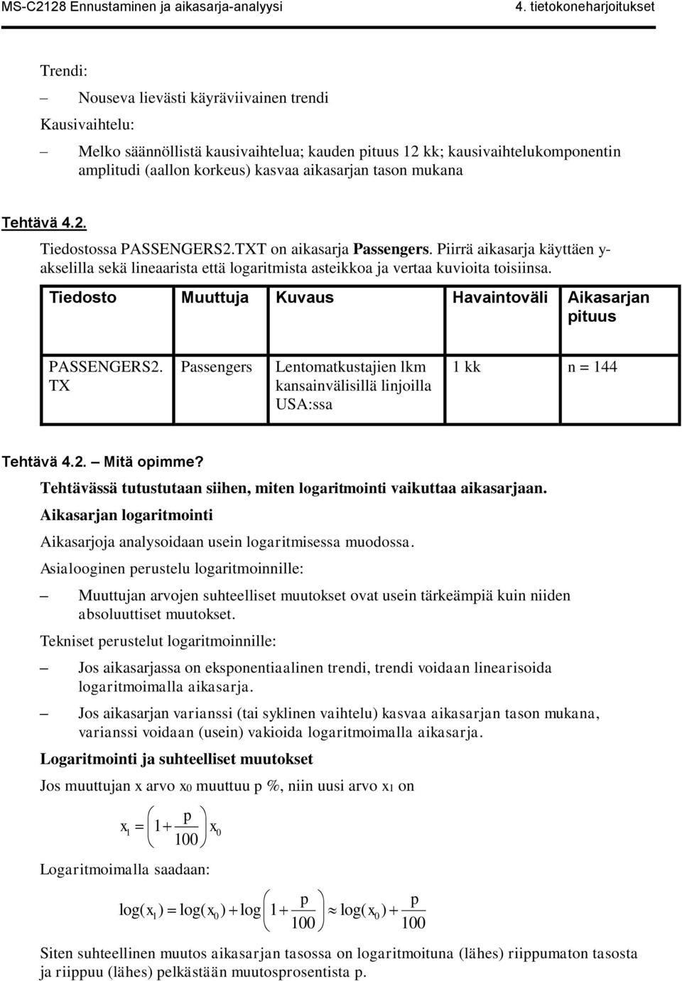 Tiedosto Muuttuja Kuvaus Havaintoväli Aikasarjan pituus PASSENGERS2. TX Passengers Lentomatkustajien lkm kansainvälisillä linjoilla USA:ssa 1 kk n = 144 Tehtävä 4.2. Mitä opimme?