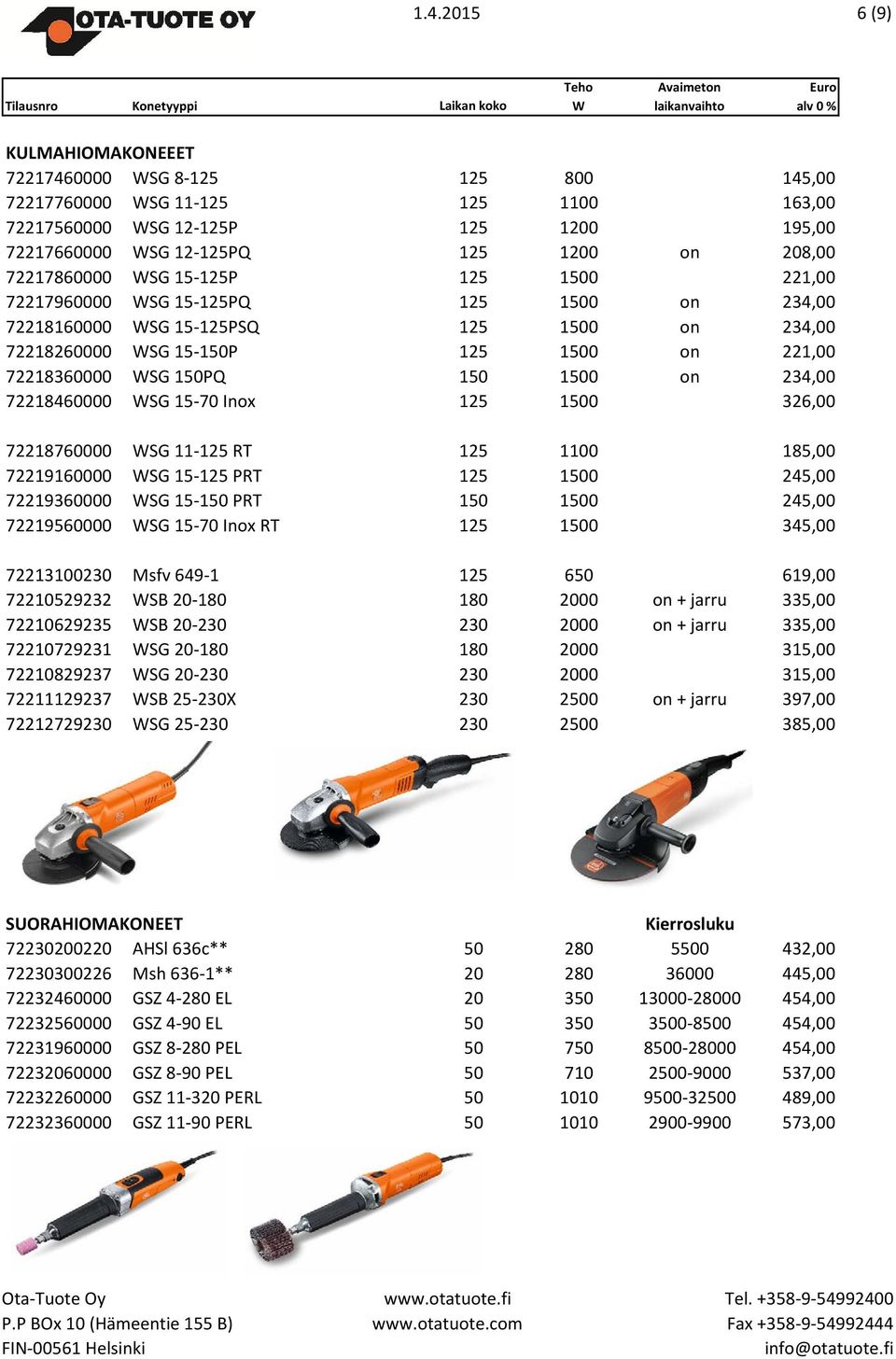 72218360000 SG 150PQ 150 1500 on 234,00 72218460000 SG 15-70 Inox 125 1500 326,00 72218760000 SG 11-125 RT 125 1100 185,00 72219160000 SG 15-125 PRT 125 1500 245,00 72219360000 SG 15-150 PRT 150 1500