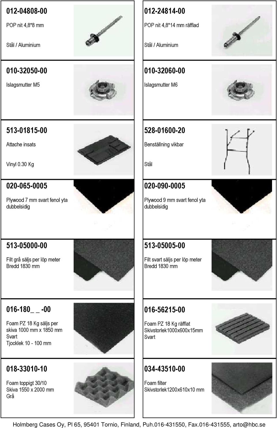 30 Kg Stål 020-065-0005 Plywood 7 mm svart fenol yta dubbelsidig 020-090-0005 Plywood 9 mm svart fenol yta dubbelsidig 513-05000-00 Filt grå säljs per löp meter Bredd 1830 mm
