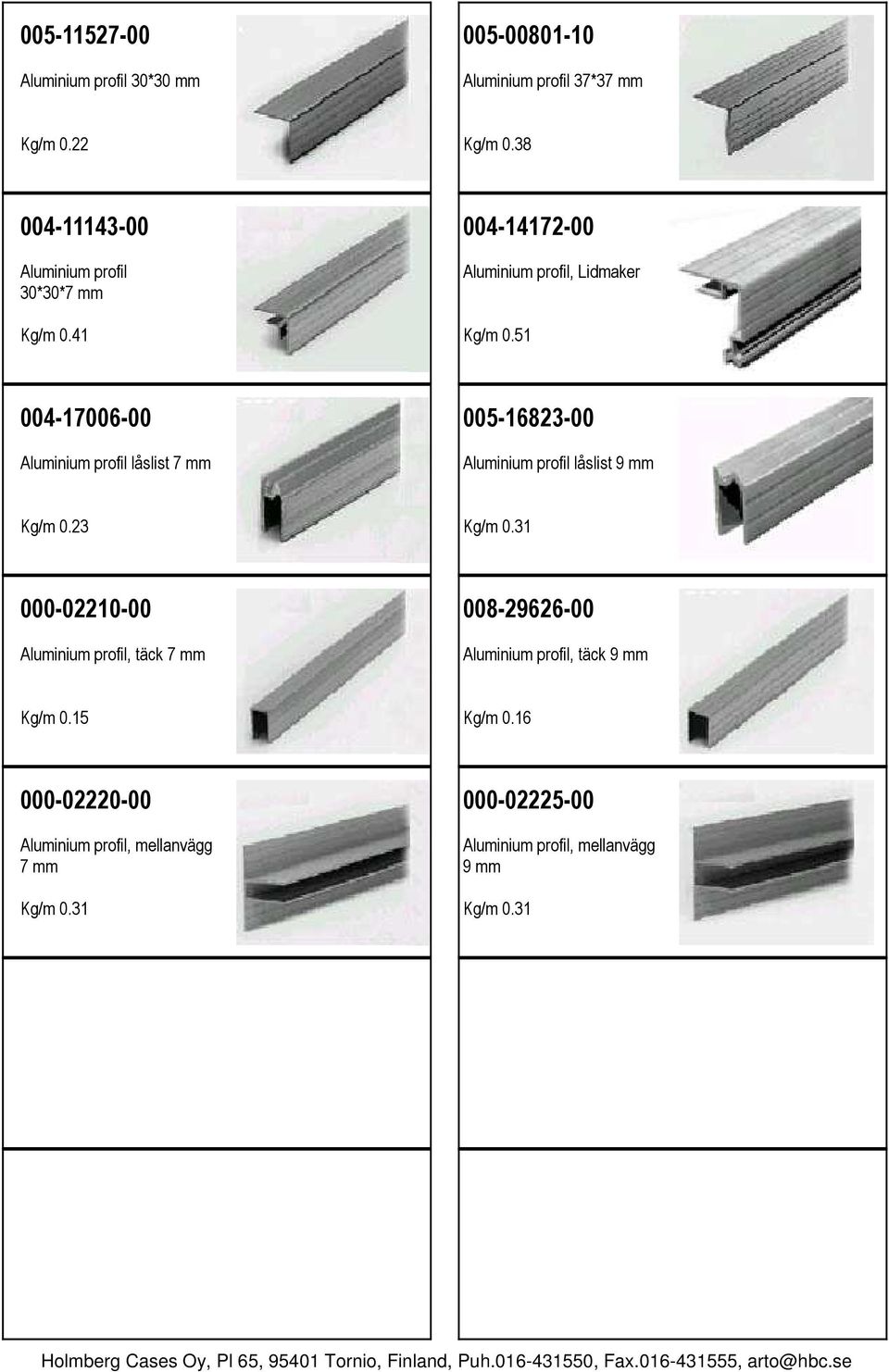 51 004-17006-00 Aluminium profil låslist 7 mm 005-16823-00 Aluminium profil låslist 9 mm Kg/m 0.23 Kg/m 0.