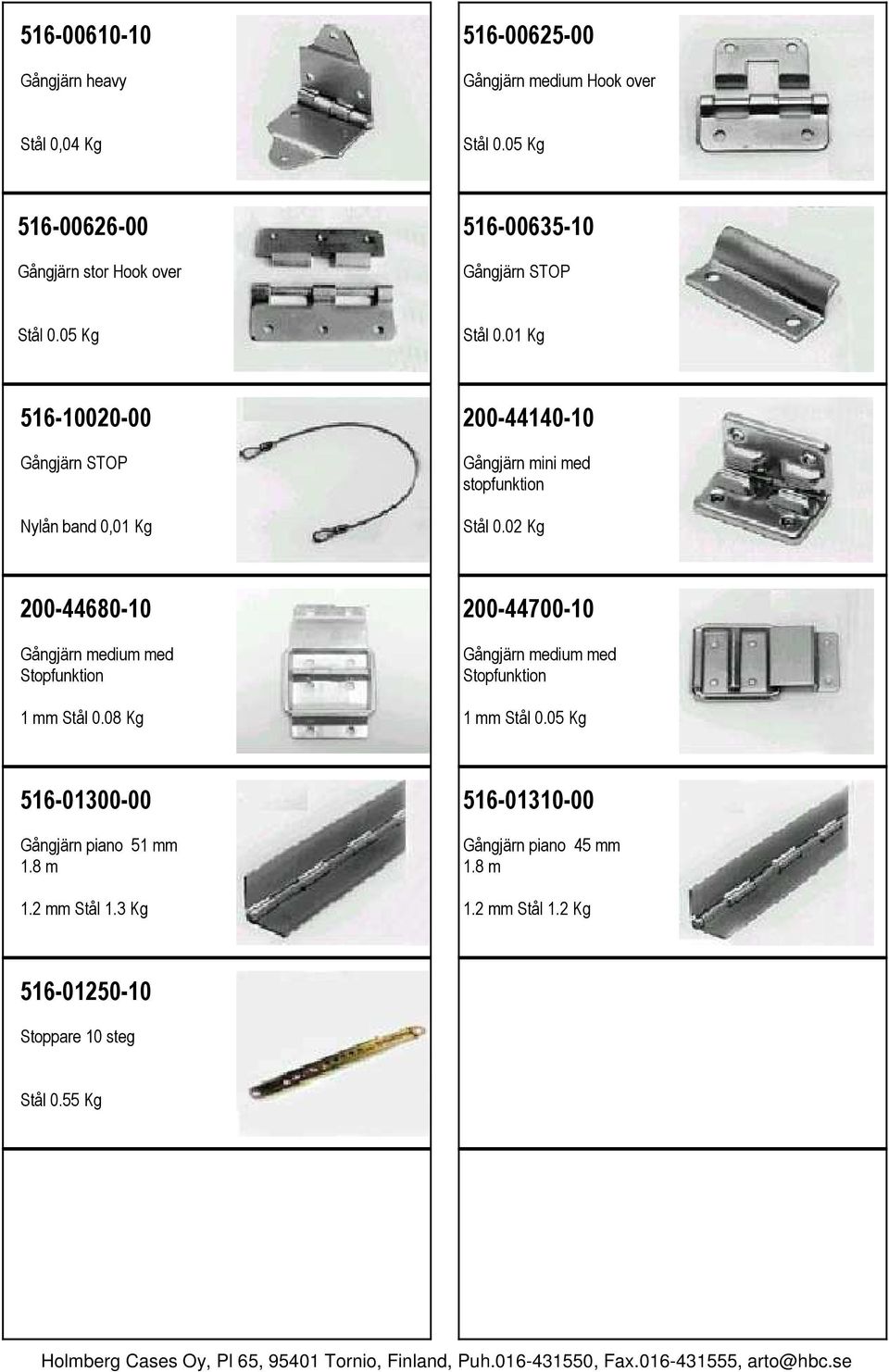 01 Kg 516-10020-00 Gångjärn STOP Nylån band 0,01 Kg 200-44140-10 Gångjärn mini med stopfunktion Stål 0.