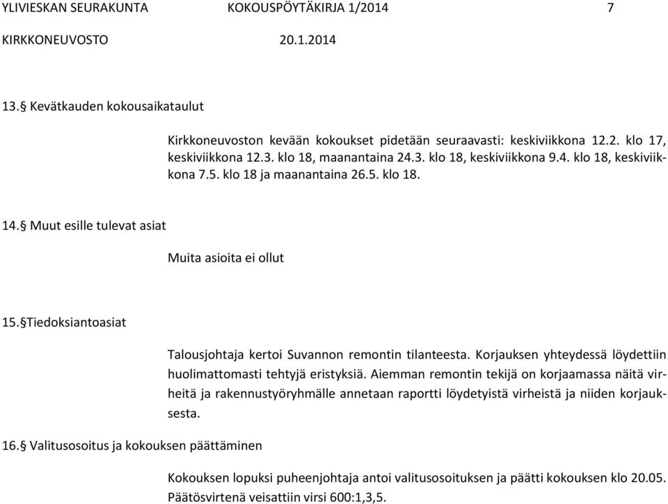 Valitusosoitus ja kokouksen päättäminen Talousjohtaja kertoi Suvannon remontin tilanteesta. Korjauksen yhteydessä löydettiin huolimattomasti tehtyjä eristyksiä.