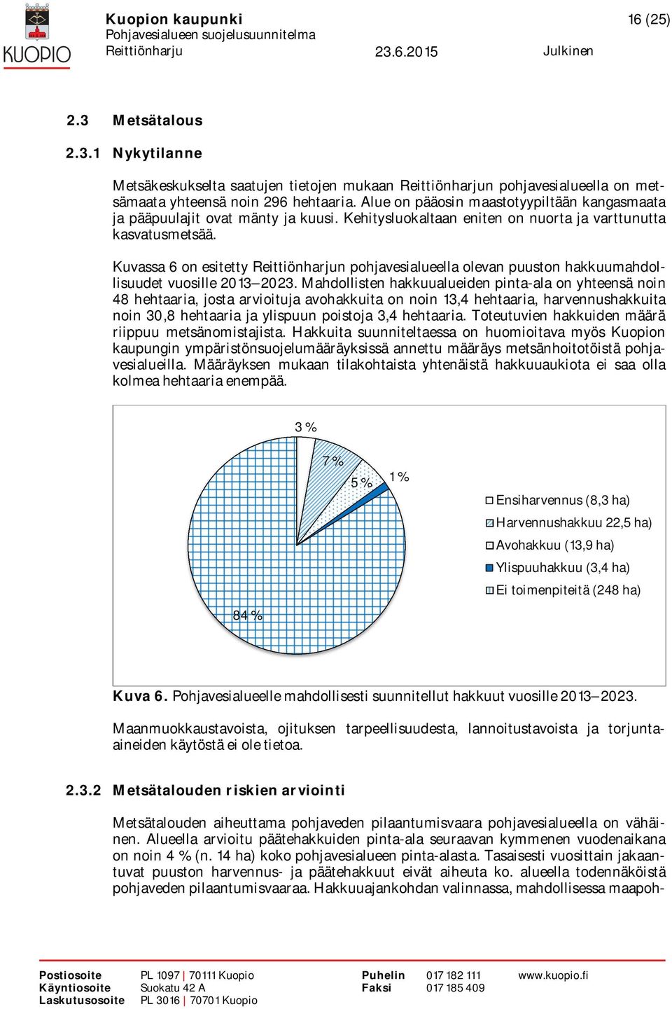 Kuvassa 6 on esitetty Reittiönharjun pohjavesialueella olevan puuston hakkuumahdollisuudet vuosille 2013 2023.