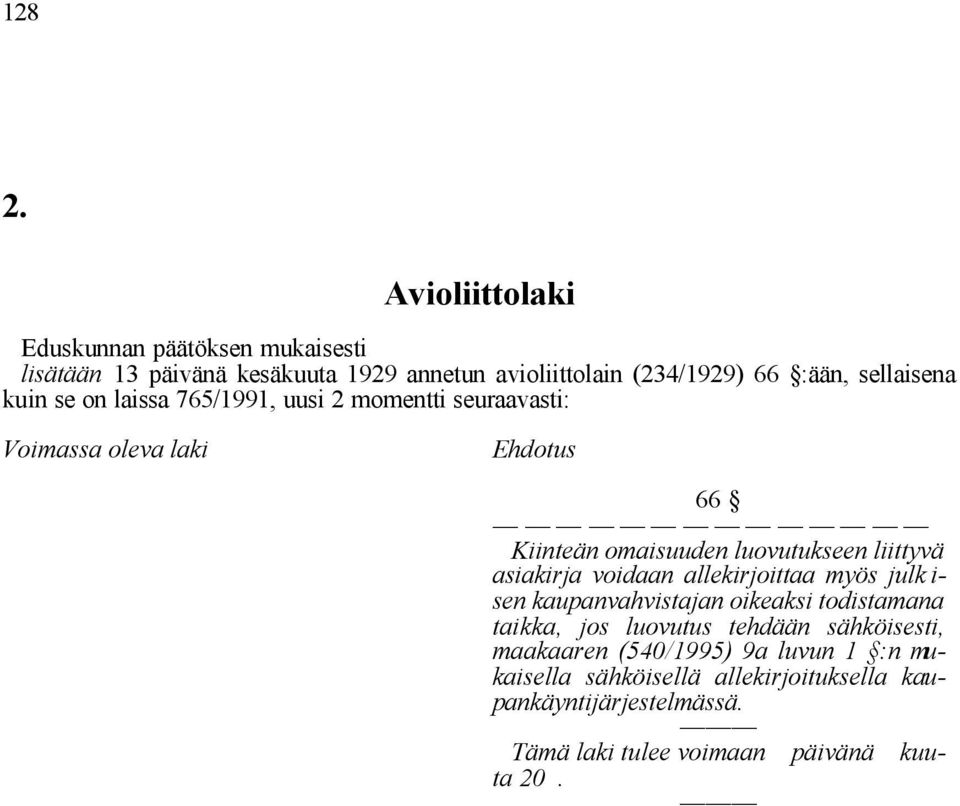 sellaisena kuin se on laissa 765/1991, uusi 2 momentti seuraavasti: 66 Kiinteän omaisuuden luovutukseen liittyvä asiakirja voidaan