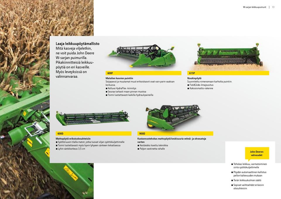 Kelluva HydraFlex -kiinnitys Seuraa tarkasti maan pinnan muotoa Toimii luotattavasti kaikilla hydraulipaineilla 615P Noukinpöytä Suunniteltu nimenomaan karholta puintiin.