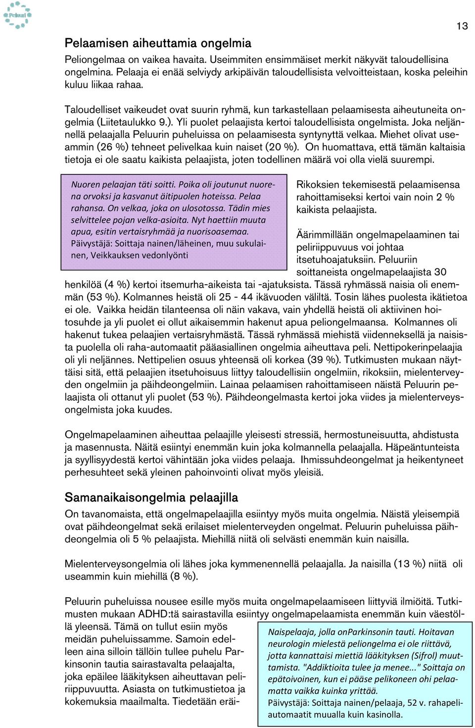 Taloudelliset vaikeudet ovat suurin ryhmä, kun tarkastellaan pelaamisesta aiheutuneita ongelmia (Liitetaulukko 9.). Yli puolet pelaajista kertoi taloudellisista ongelmista.