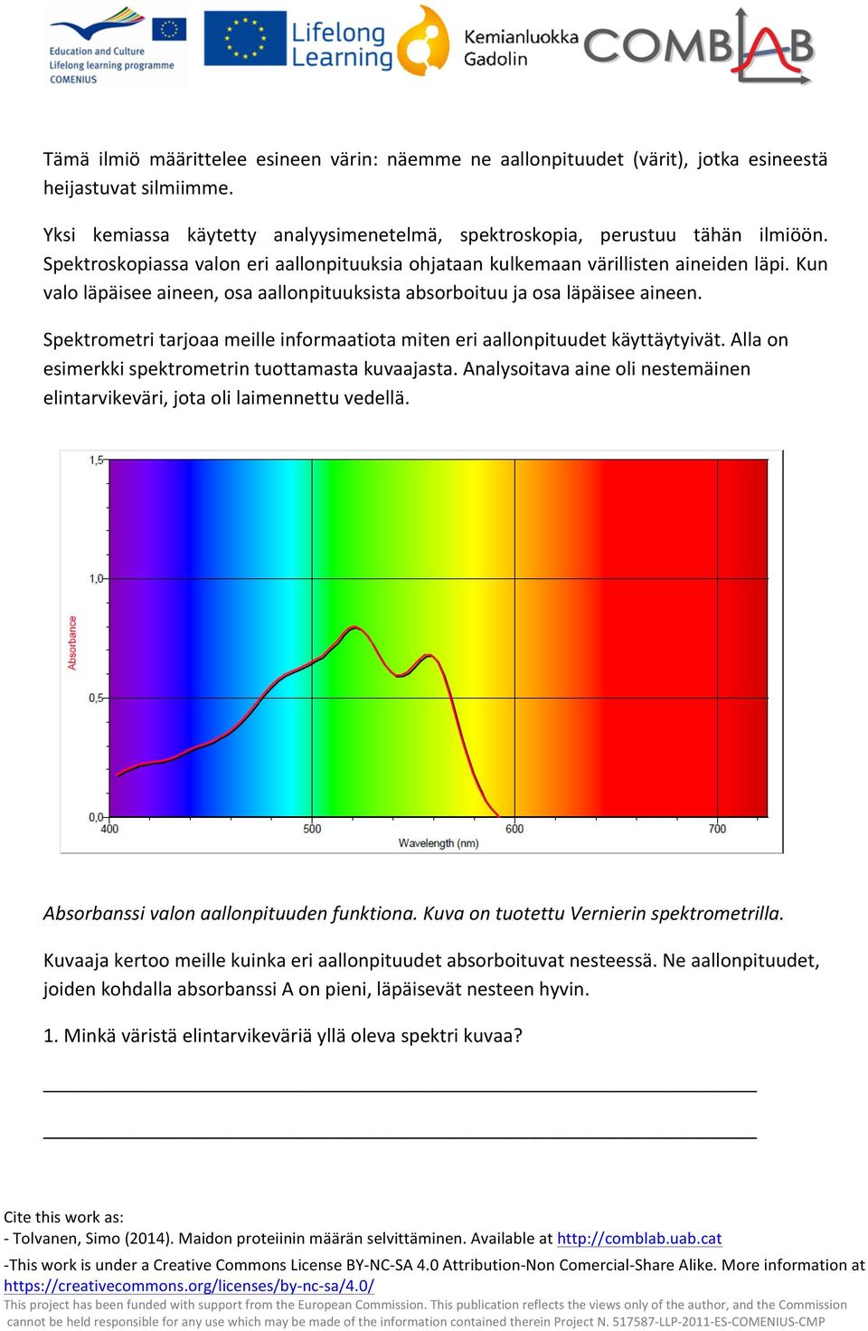 Spektrometri tarjoaa meille informaatiota miten eri aallonpituudet käyttäytyivät. Alla on esimerkki spektrometrin tuottamasta kuvaajasta.