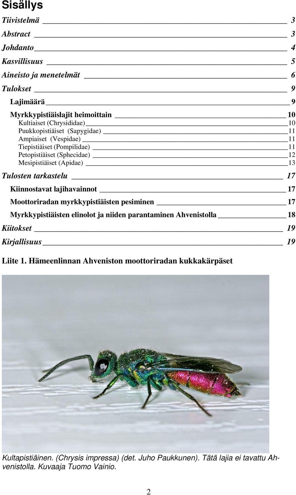 Kiinnostavat lajihavainnot 17 Moottoriradan myrkkypistiäisten pesiminen 17 Myrkkypistiäisten elinolot ja niiden parantaminen Ahvenistolla 18 Kiitokset 19 Kirjallisuus 19