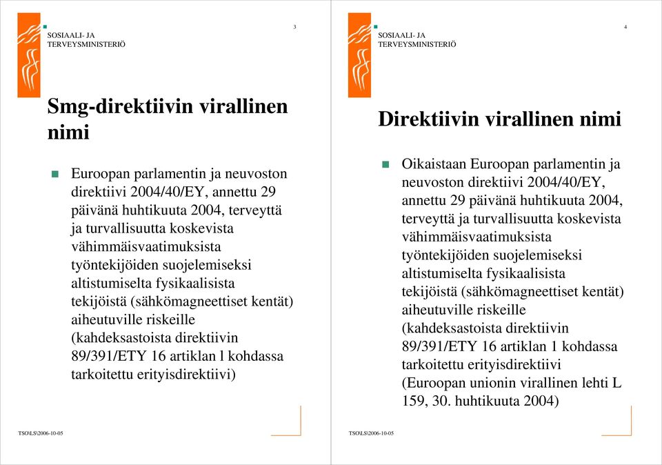 erityisdirektiivi) Direktiivin virallinen nimi Oikaistaan Euroopan parlamentin ja neuvoston direktiivi 2004/40/EY, annettu 29 päivänä huhtikuuta 2004, terveyttä ja turvallisuutta koskevista