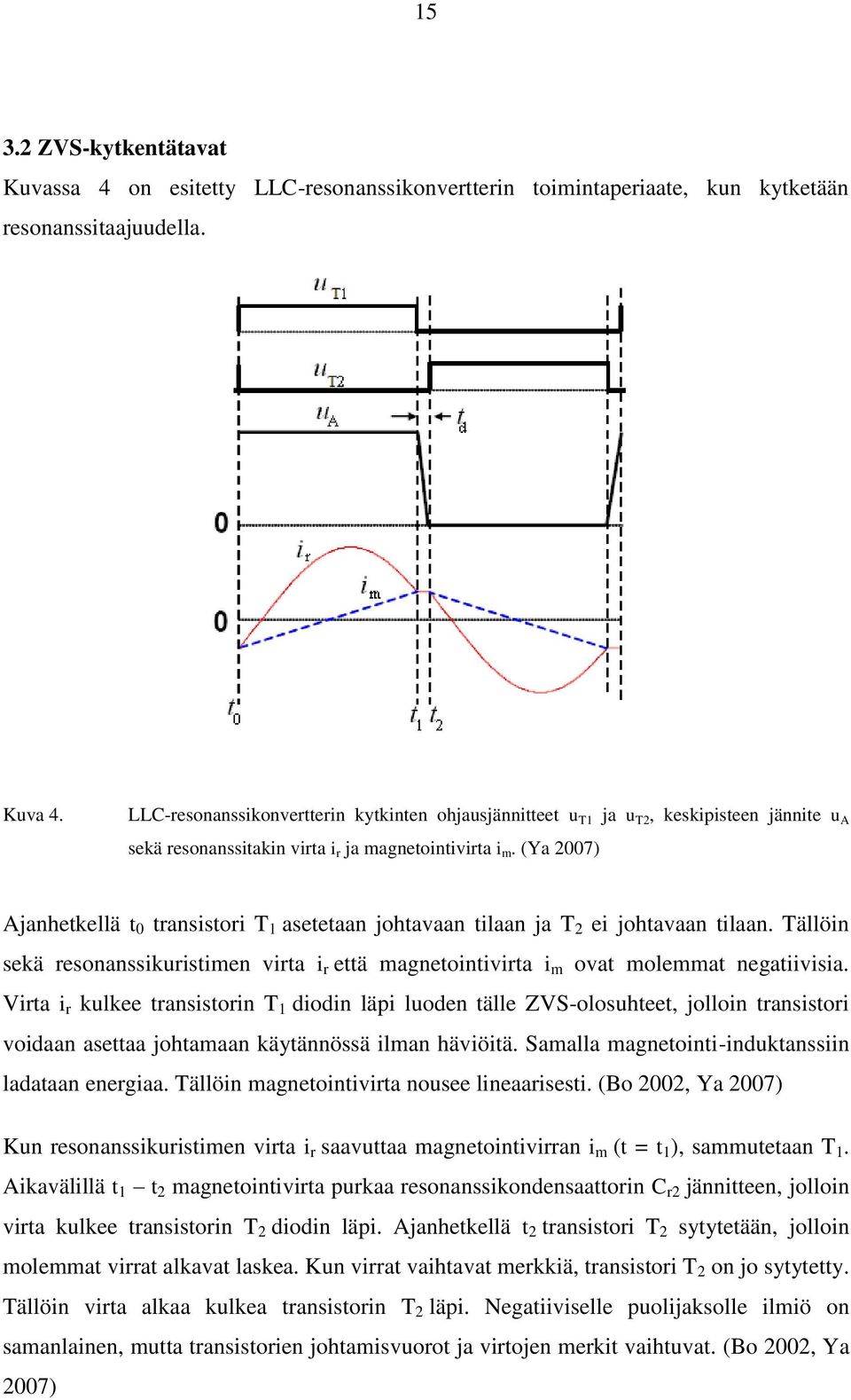 (Ya 007) Ajanhetkellä t 0 transistori T 1 asetetaan johtavaan tilaan ja T ei johtavaan tilaan. Tällöin sekä resonanssikuristimen virta i r että magnetointivirta i m ovat molemmat negatiivisia.