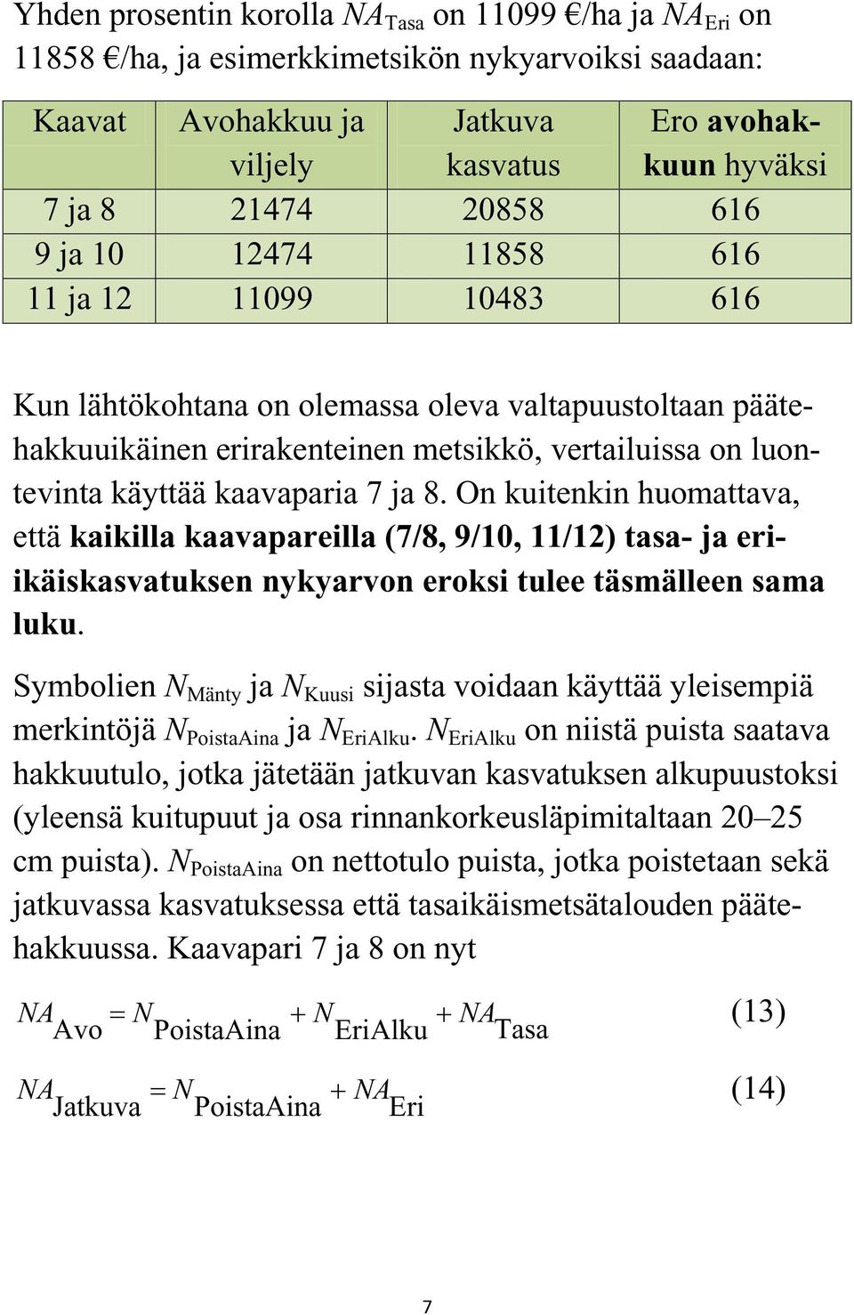 ja 8. On kuitenkin huomattava, että kaikilla kaavapareilla (7/8, 9/10, 11/12) tasa- ja eriikäiskasvatuksen nykyarvon eroksi tulee täsmälleen sama luku.