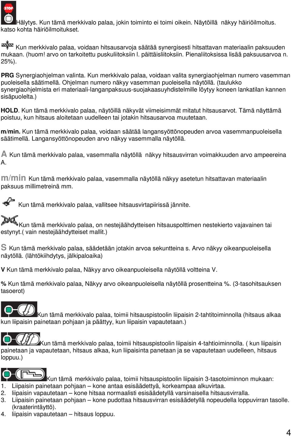 Pienaliitoksissa lisää paksuusarvoa n. 25%). PRG Synergiaohjelman valinta. Kun merkkivalo palaa, voidaan valita synergiaohjelman numero vasemman puoleisella säätimellä.