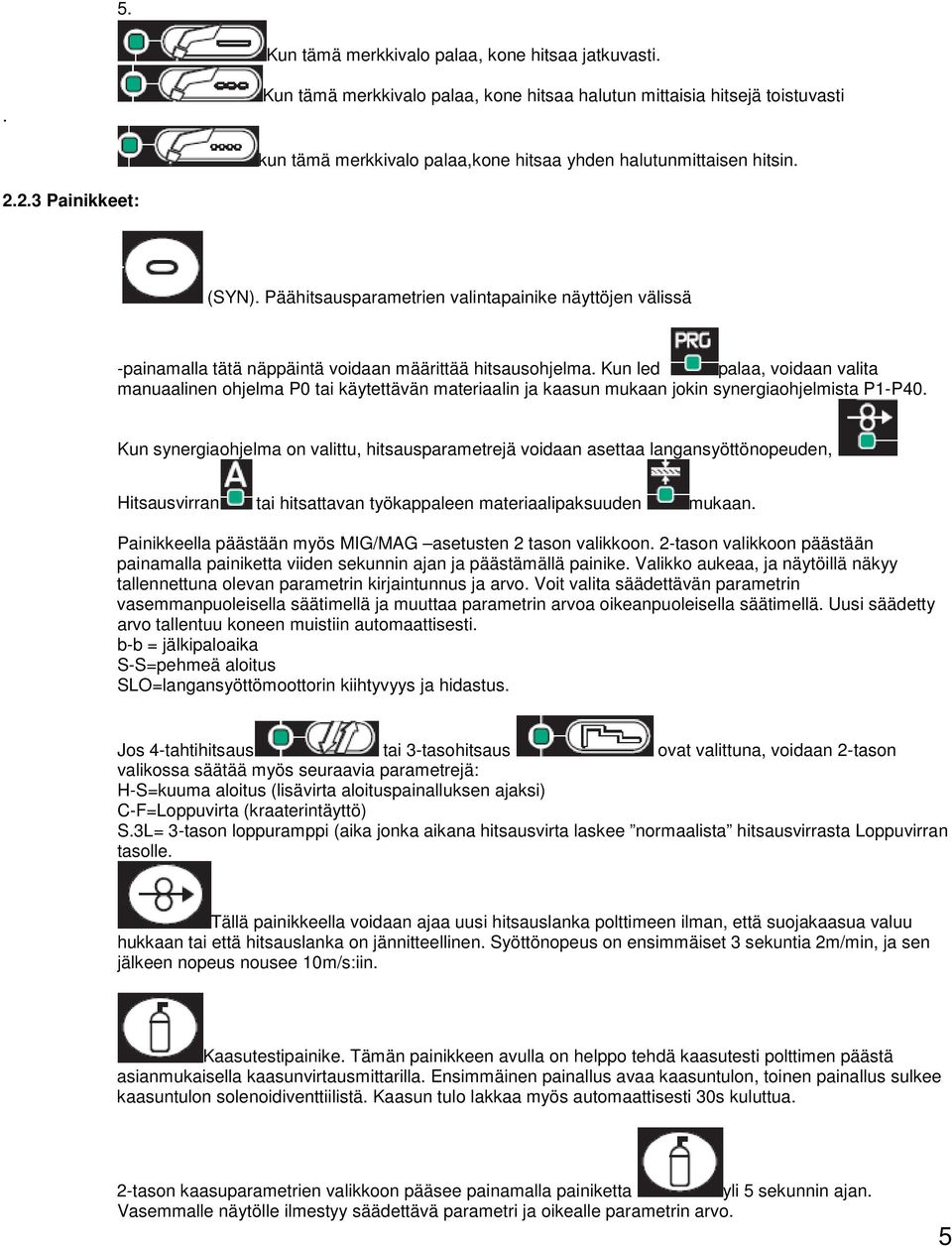 Kun led palaa, voidaan valita manuaalinen ohjelma P0 tai käytettävän materiaalin ja kaasun mukaan jokin synergiaohjelmista P1-P40.