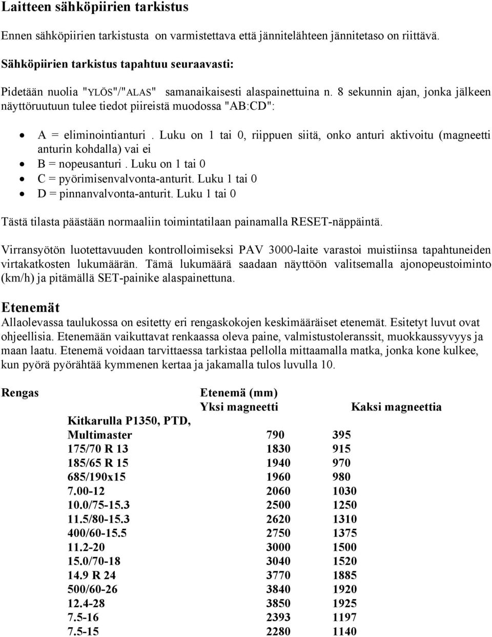 8 sekunnin ajan, jonka jälkeen näyttöruutuun tulee tiedot piireistä muodossa "AB:CD": A = eliminointianturi.
